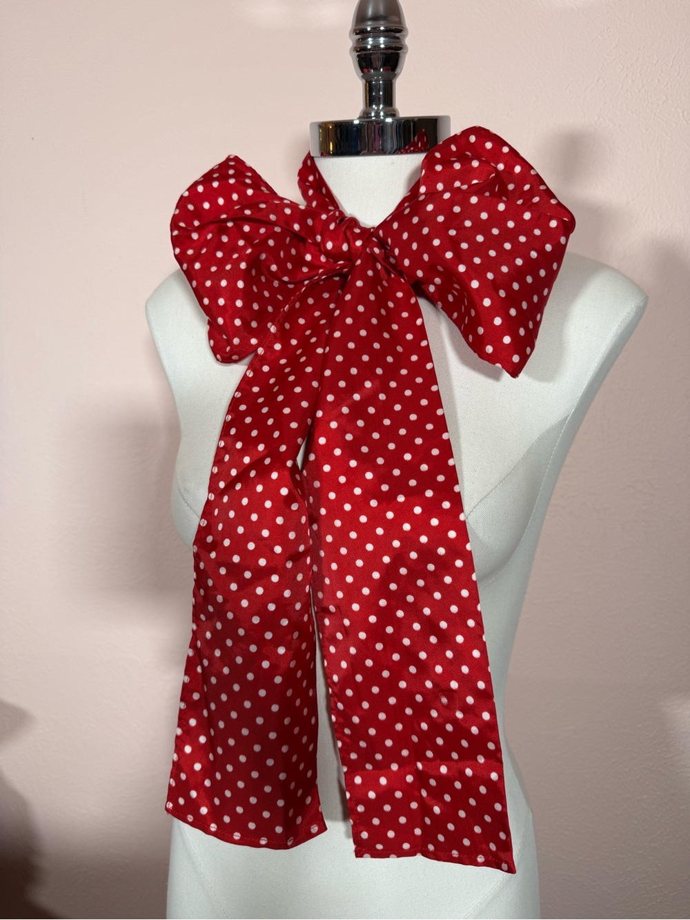Vintage 1970 Red white polka dotted Oversized Twilly Bow Neck Scarf Cravat